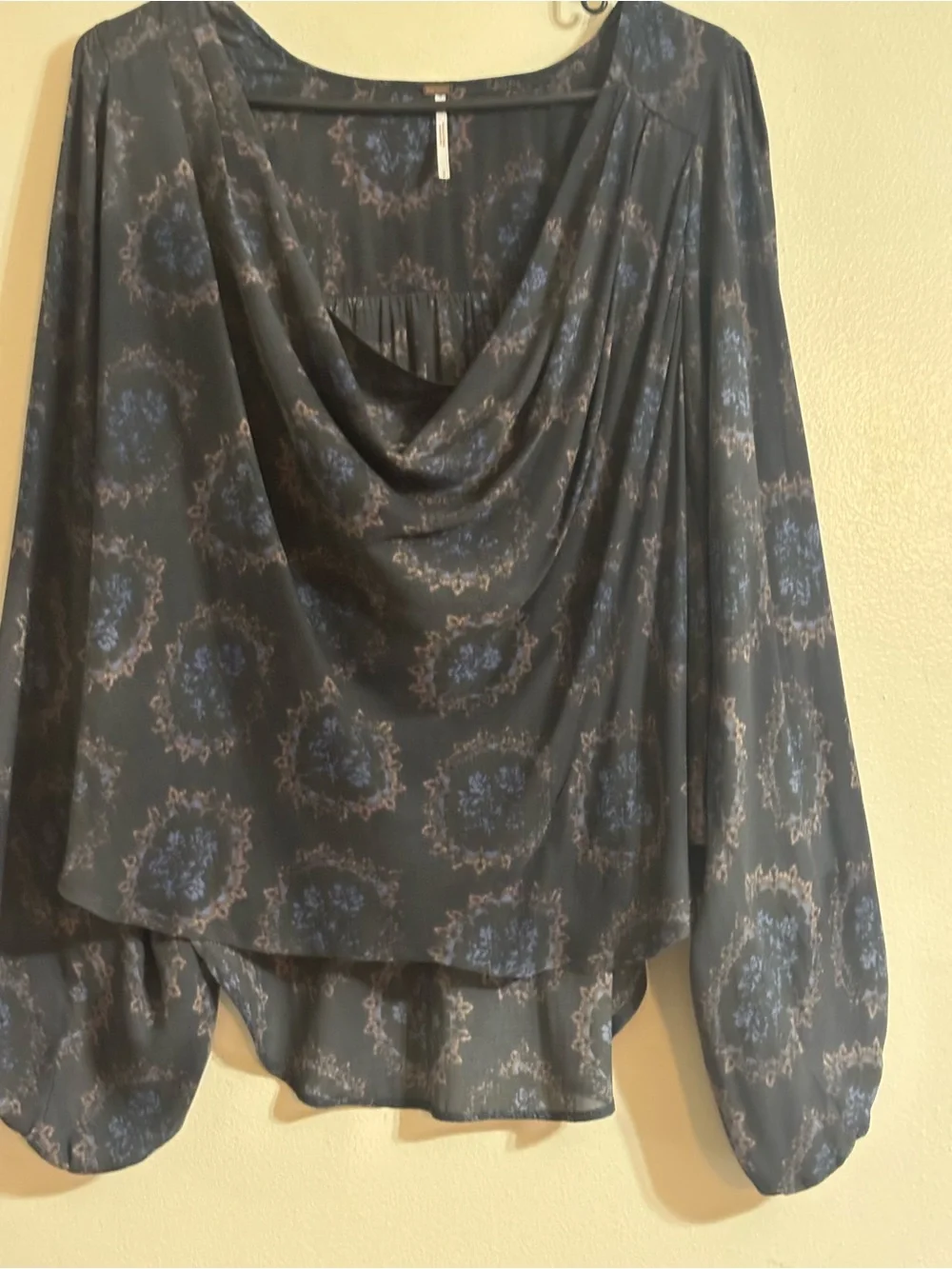 Free People Cowling Around Dark Grey Floral Cowl Neck Oversized Blouse S-M